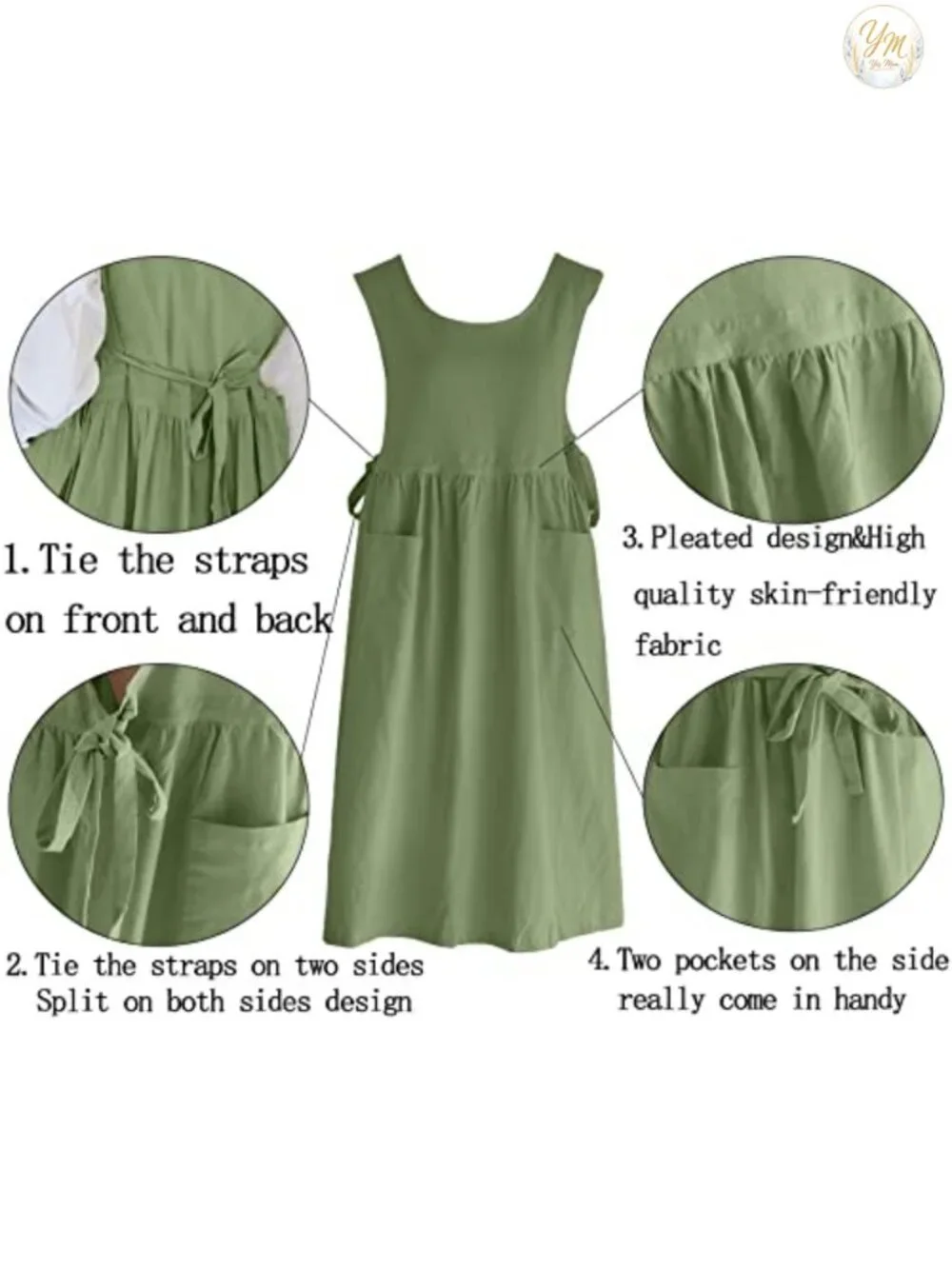 Cotton Linen Pleated Split Apron Pinafore Dress with Pockets